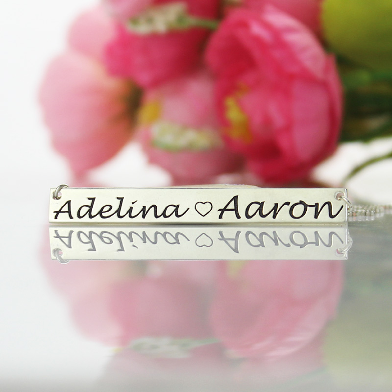 Couple Bar Necklace Engraved Name Sterling Silver