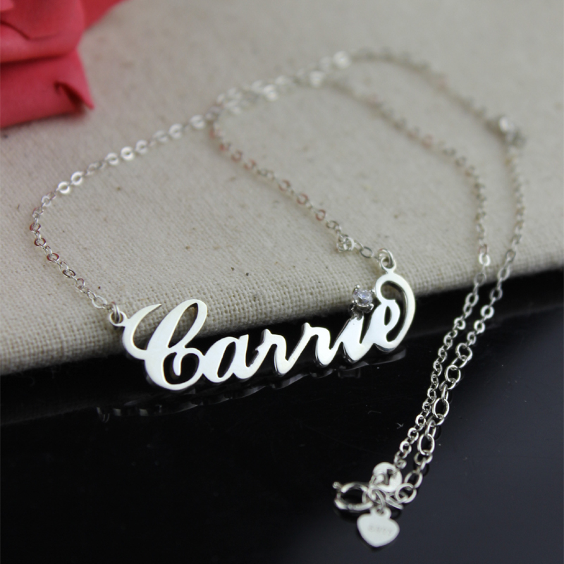 Sterling Silver Carrie Name Necklace With Birthstone.