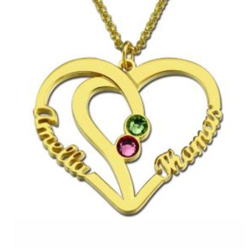 Heart Name Necklace Two Birthstones Gold Plated