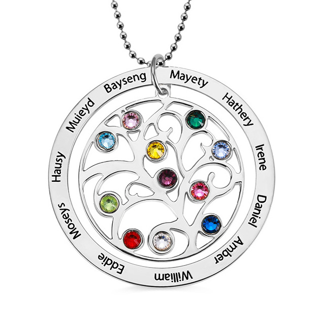Personalised Family Tree Birthstone Crystal Charm Pendant Chain Necklace